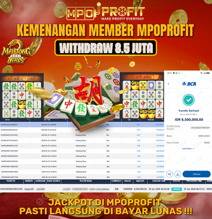 MPOPROFIT JACKPOT PG SOFT! KEMENANGAN MURNI DI (MAHJONG WAHYS  TOTAL 8.500.000,- LUNAS)